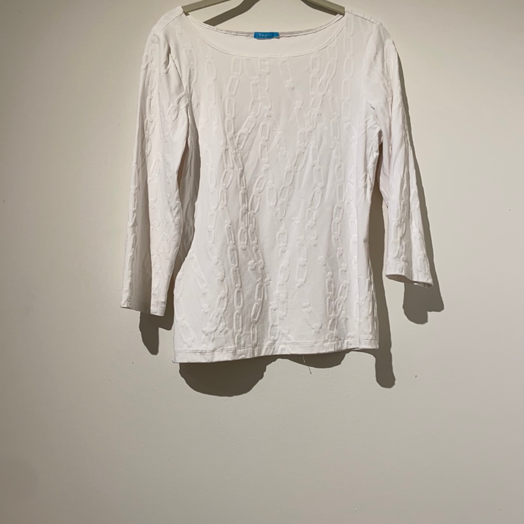 J.Mclaughlin 3/4 Sleeve Boat Neck Pop Top Tee White Jacquard
